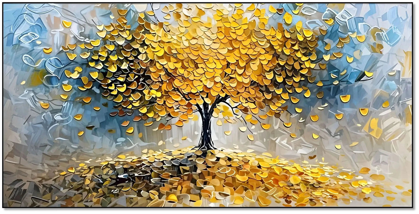 Arbre abstrait doré aux feuilles pièces tombantes, palette jaune et beige, apportant chance et fortune pour salon ou bureau.