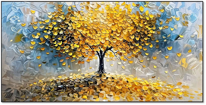 Arbre abstrait doré aux feuilles pièces tombantes, palette jaune et beige, apportant chance et fortune pour salon ou bureau.