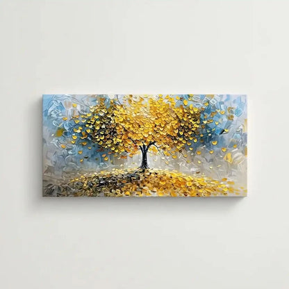 Arbre abstrait doré aux feuilles pièces tombantes, palette jaune et beige, apportant chance et fortune pour salon ou bureau.