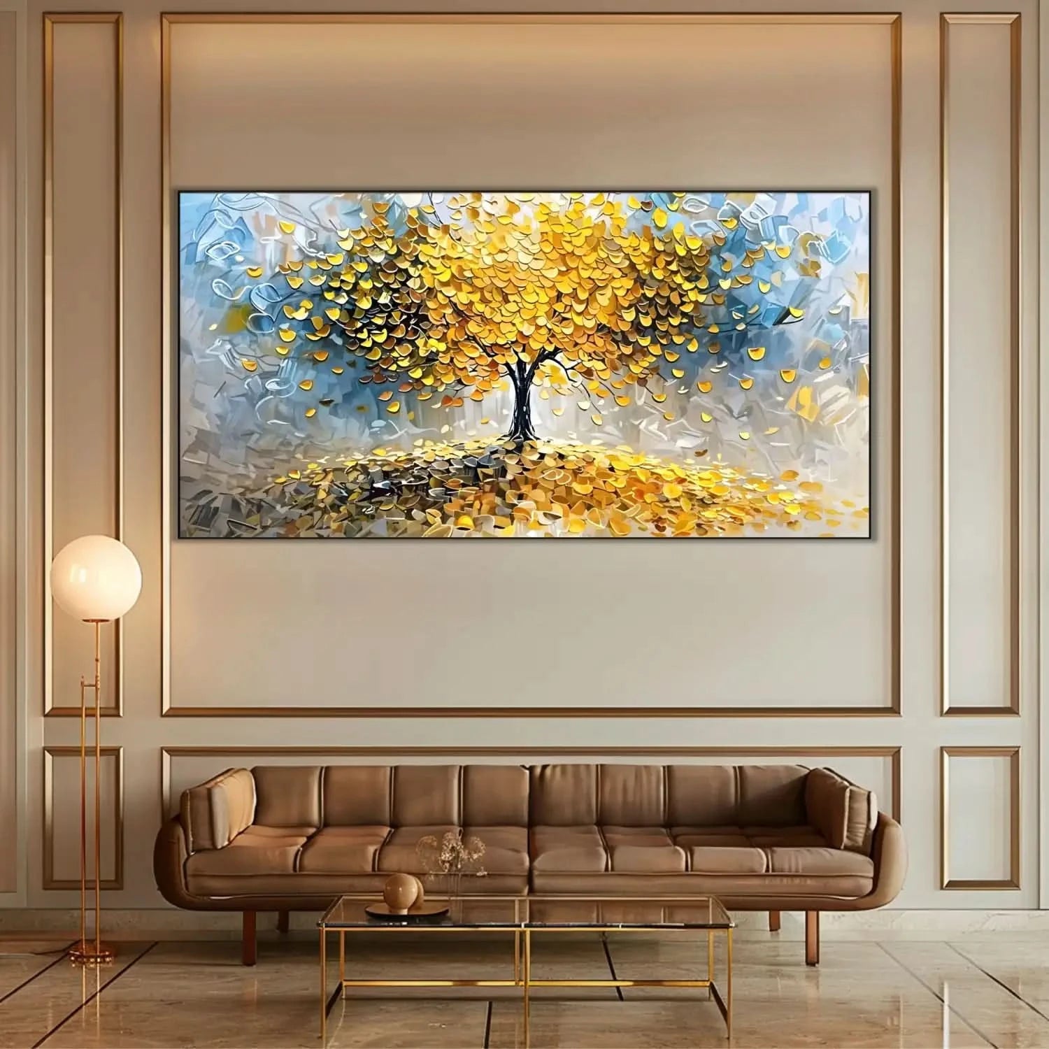 Arbre abstrait doré aux feuilles pièces tombantes, palette jaune et beige, apportant chance et fortune pour salon ou bureau.