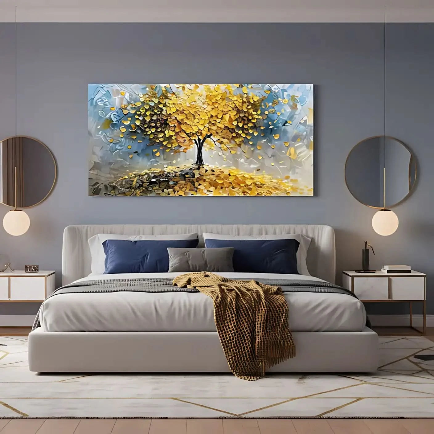 Arbre abstrait doré aux feuilles pièces tombantes, palette jaune et beige, apportant chance et fortune pour salon ou bureau.