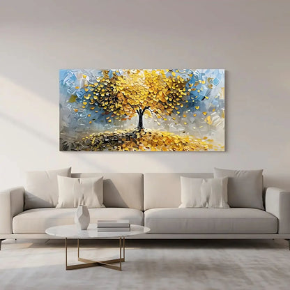 Arbre abstrait doré aux feuilles pièces tombantes, palette jaune et beige, apportant chance et fortune pour salon ou bureau.