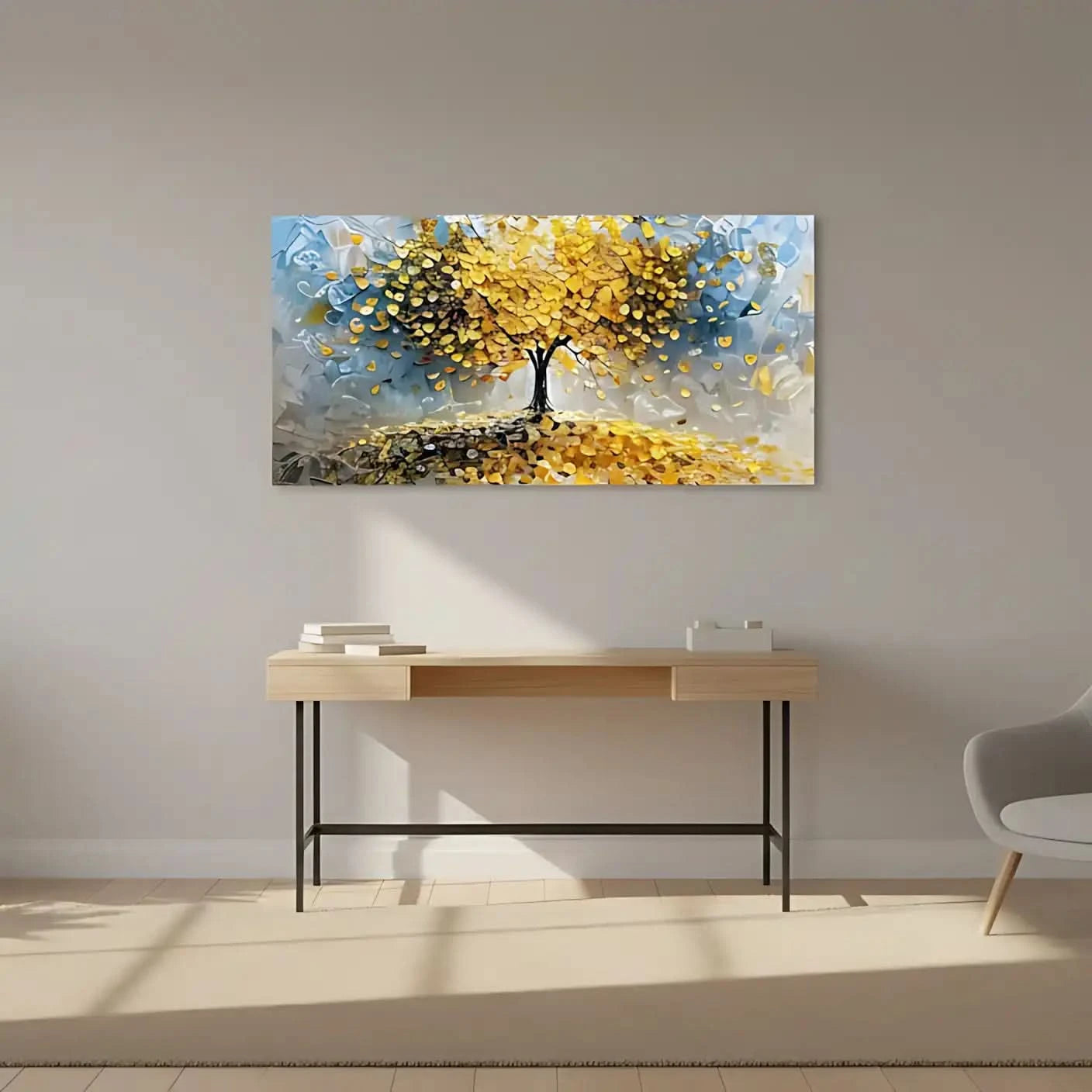 Arbre abstrait doré aux feuilles pièces tombantes, palette jaune et beige, apportant chance et fortune pour salon ou bureau.