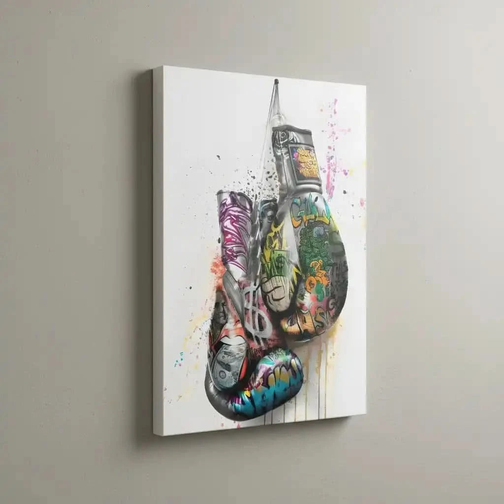Gants de boxe avec graffitis multicolores, street art dynamique, idéal pour salon moderne ou bureau, ambiance énergique.