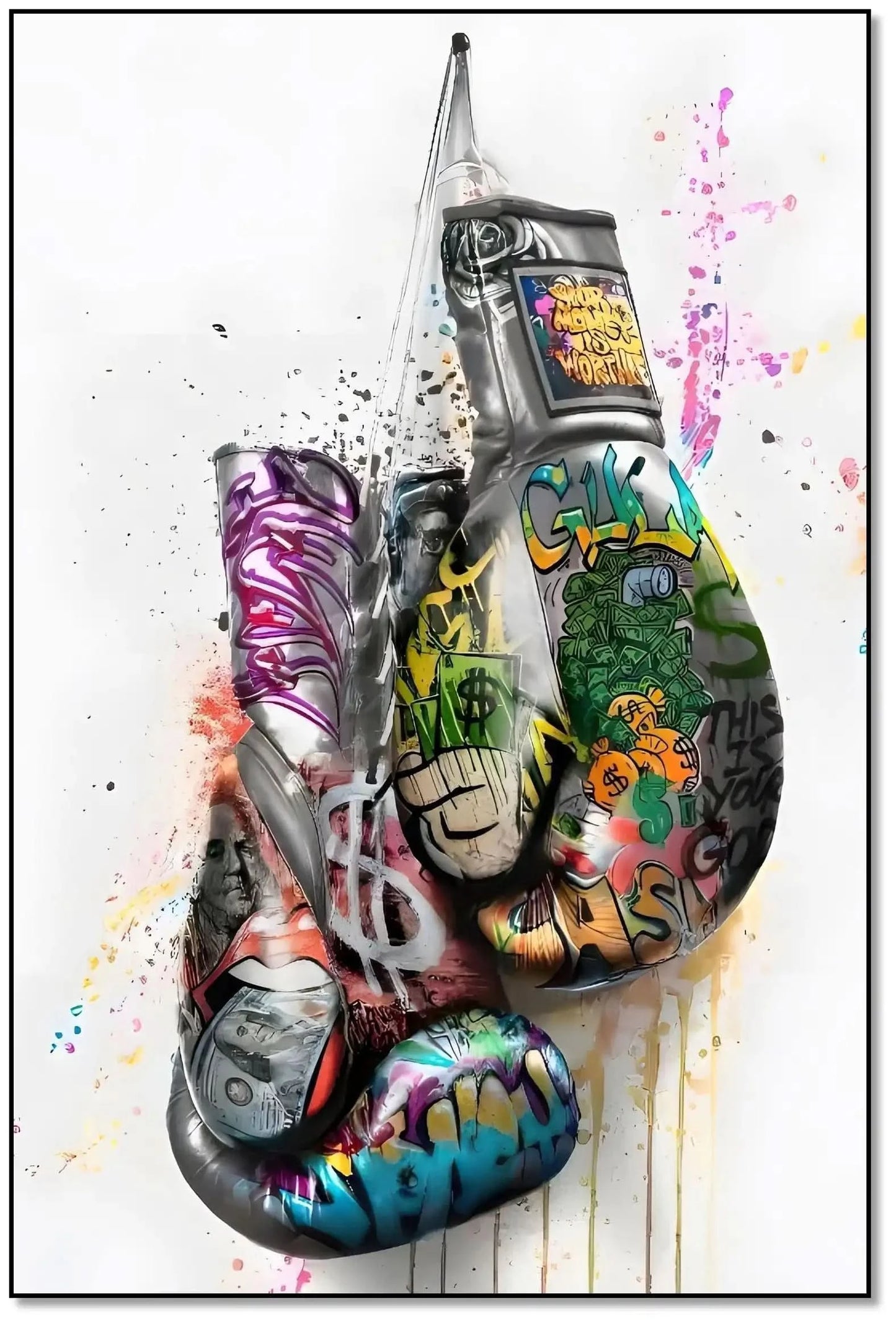 Gants de boxe avec graffitis multicolores, street art dynamique, idéal pour salon moderne ou bureau, ambiance énergique.