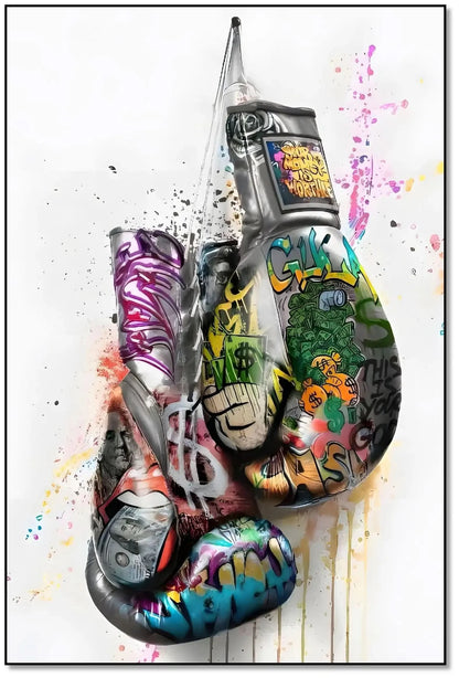 Gants de boxe avec graffitis multicolores, street art dynamique, idéal pour salon moderne ou bureau, ambiance énergique.
