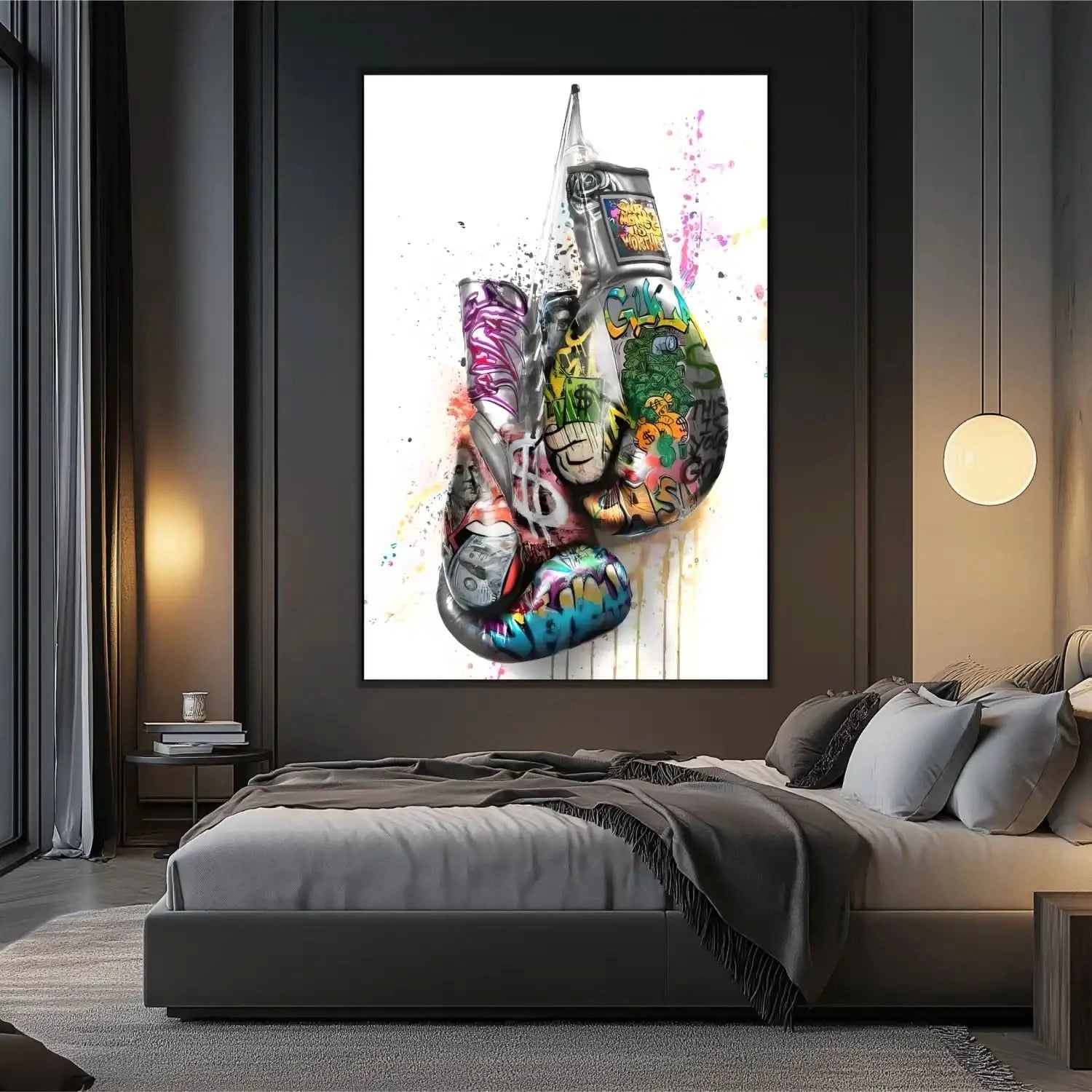 Gants de boxe avec graffitis multicolores, street art dynamique, idéal pour salon moderne ou bureau, ambiance énergique.