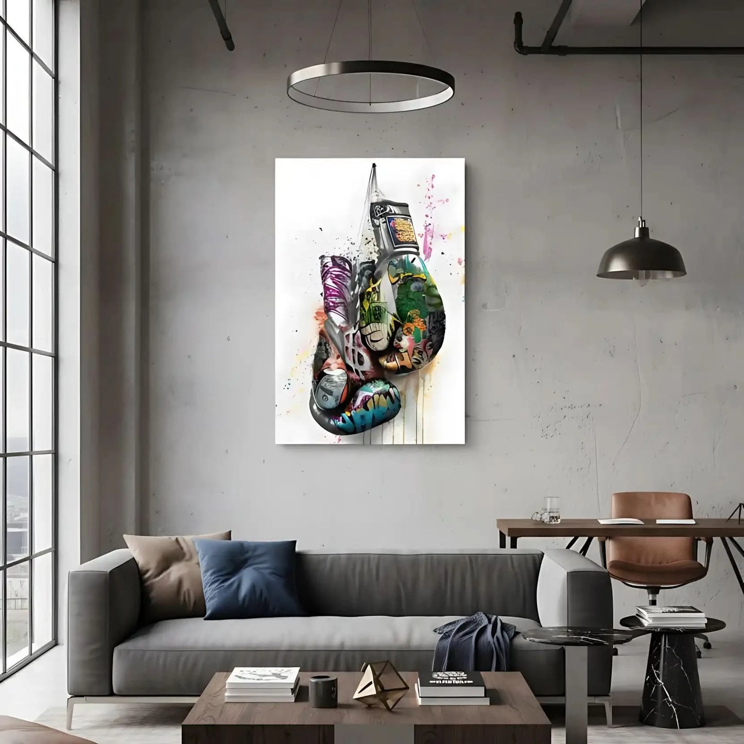 Gants de boxe avec graffitis multicolores, street art dynamique, idéal pour salon moderne ou bureau, ambiance énergique.