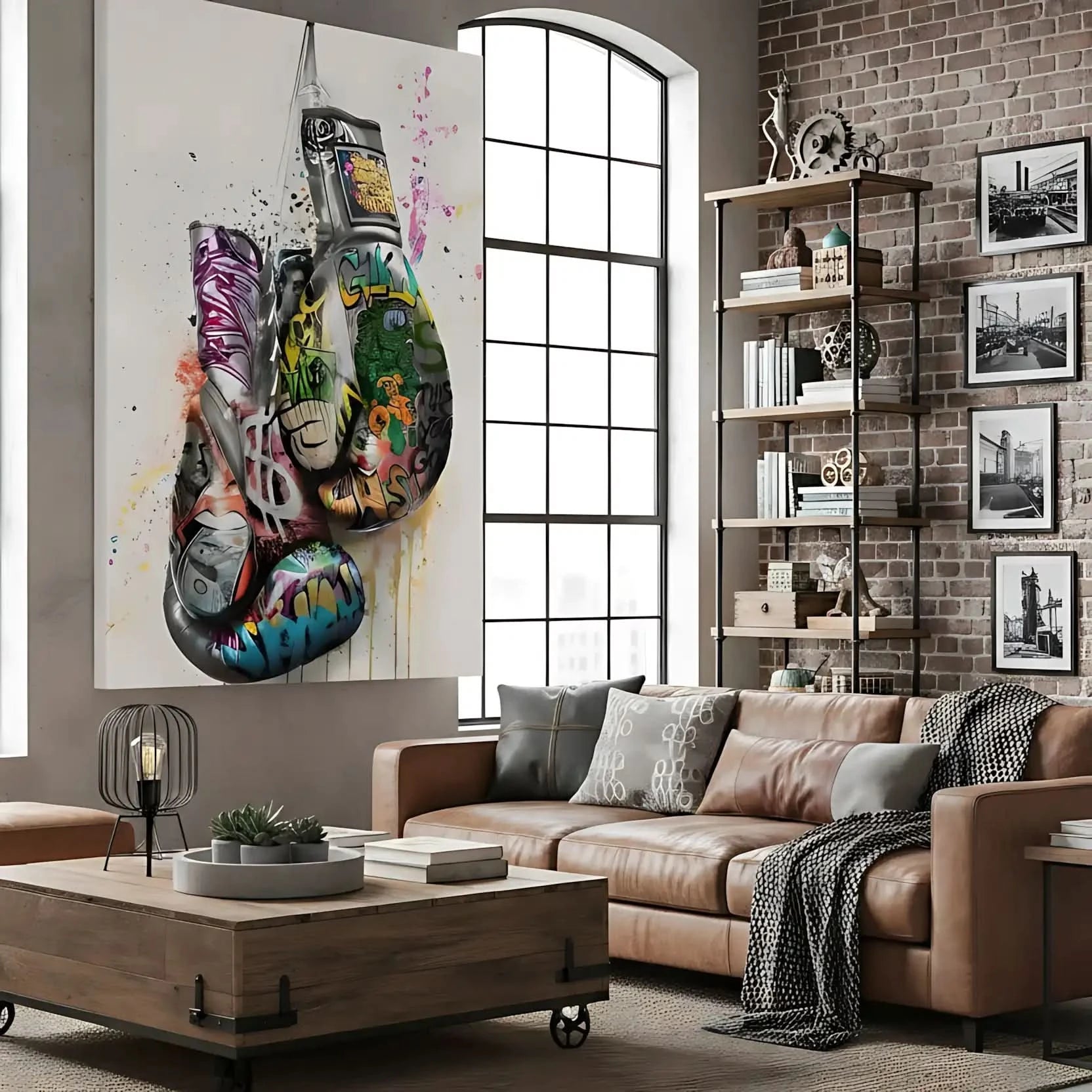 Gants de boxe avec graffitis multicolores, street art dynamique, idéal pour salon moderne ou bureau, ambiance énergique.