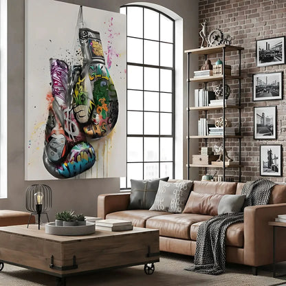 Gants de boxe avec graffitis multicolores, street art dynamique, idéal pour salon moderne ou bureau, ambiance énergique.