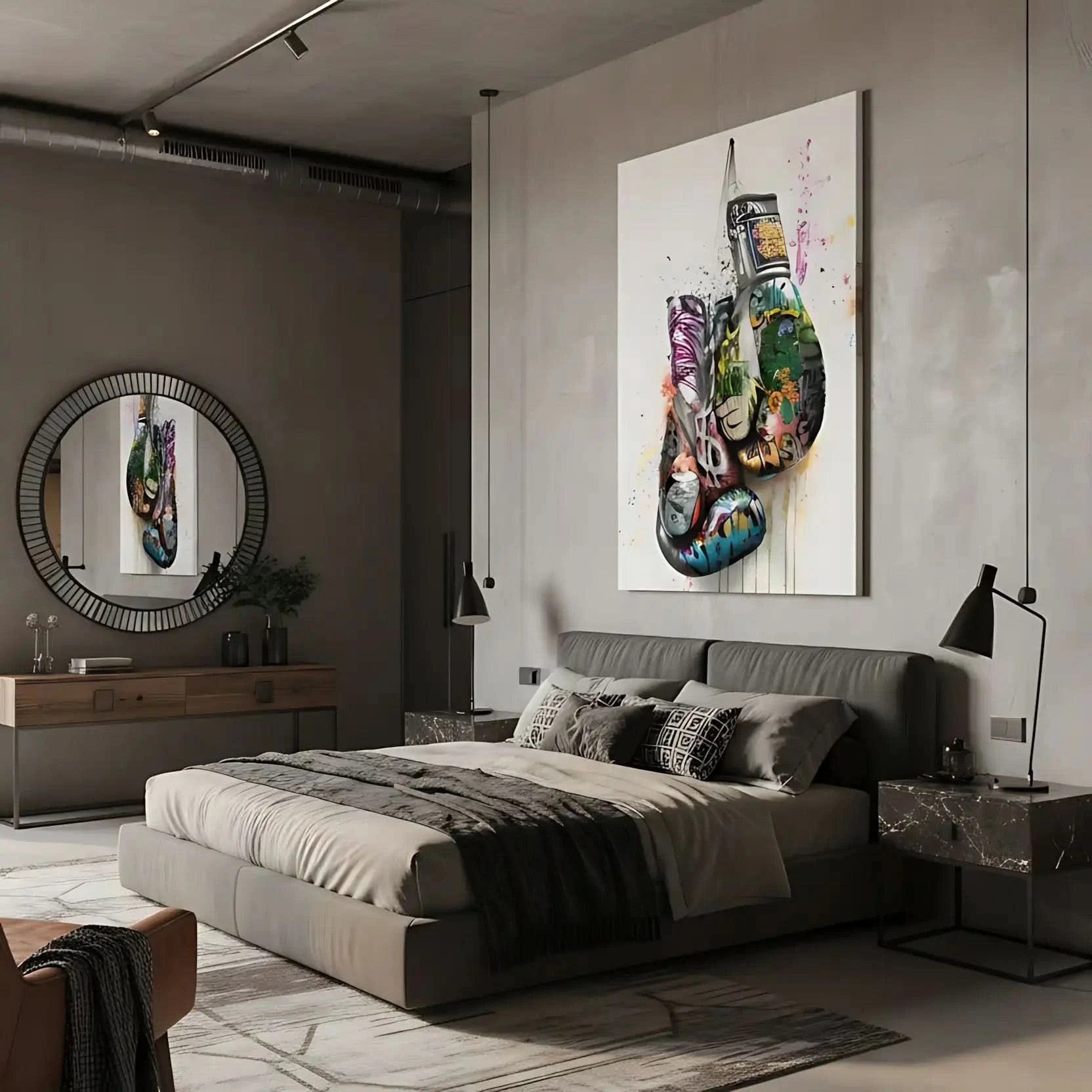 Gants de boxe avec graffitis multicolores, street art dynamique, idéal pour salon moderne ou bureau, ambiance énergique.