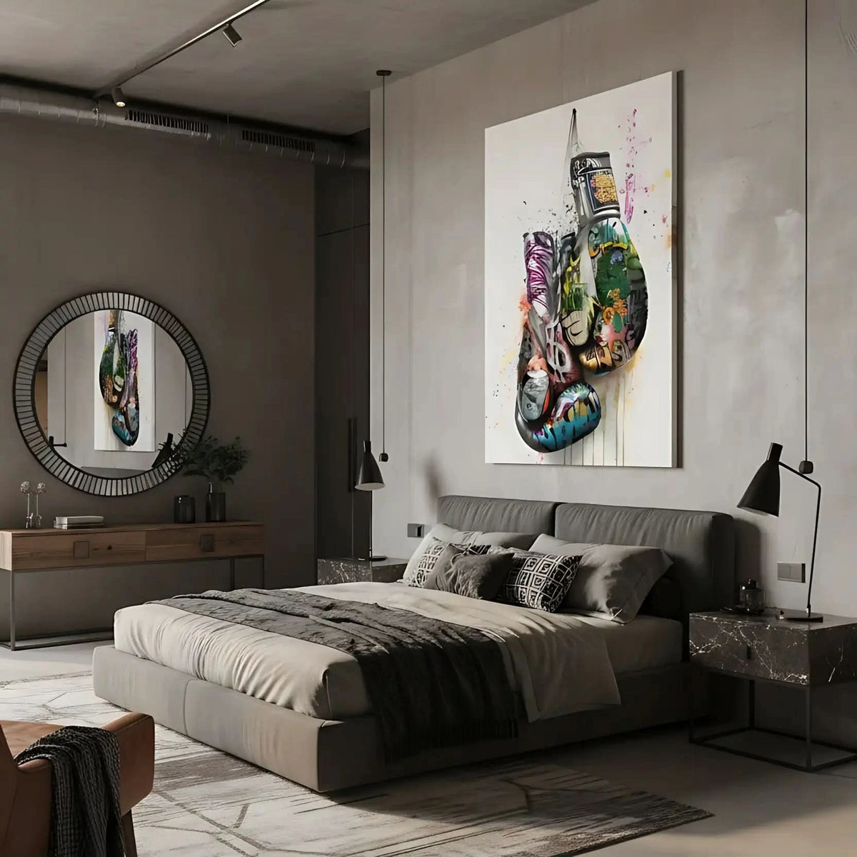 Gants de boxe avec graffitis multicolores, street art dynamique, idéal pour salon moderne ou bureau, ambiance énergique.