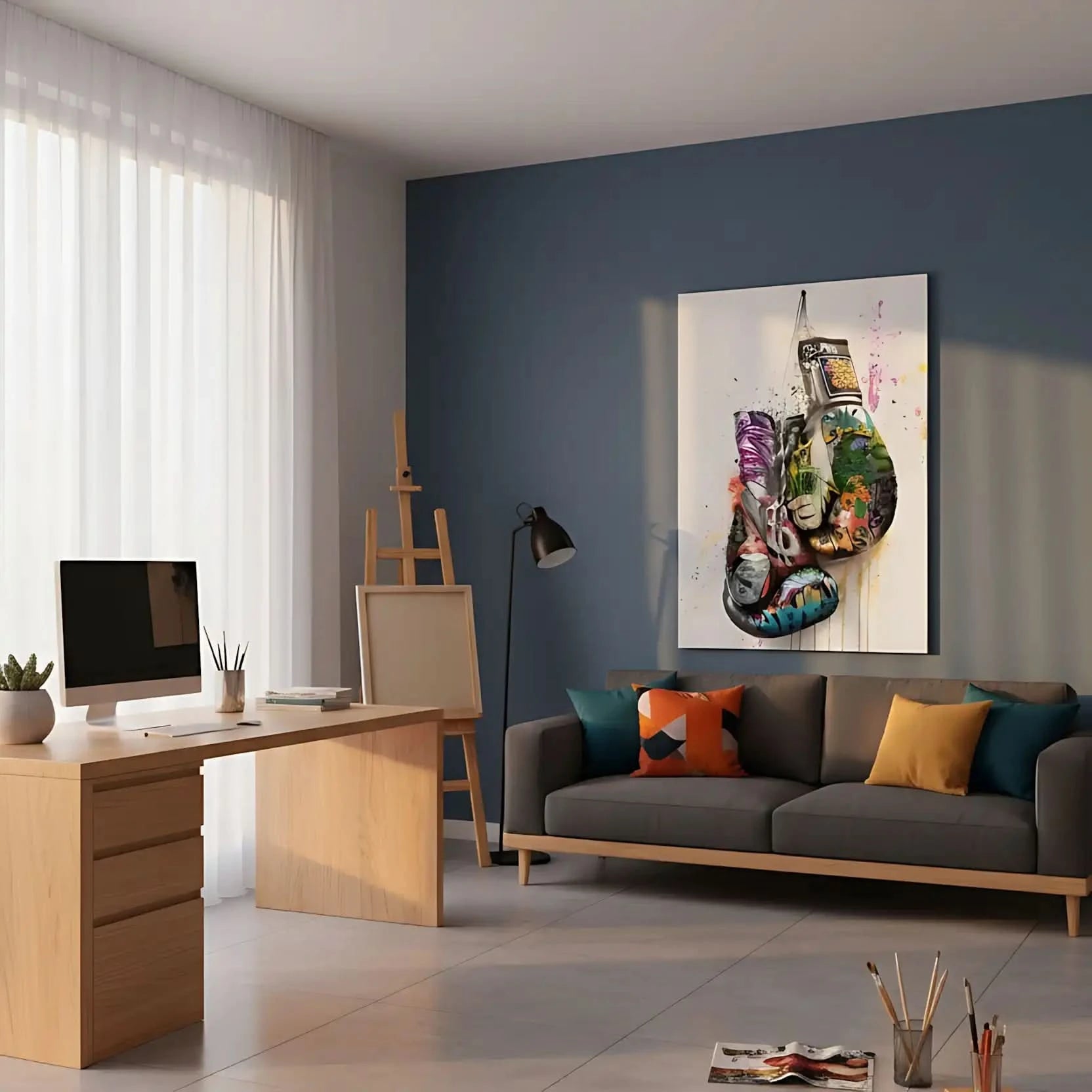 Gants de boxe avec graffitis multicolores, street art dynamique, idéal pour salon moderne ou bureau, ambiance énergique.