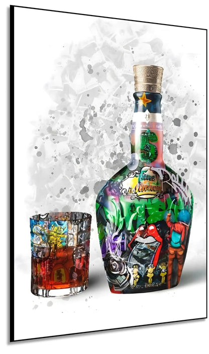 Street art vibrant avec bouteille et verre, couleurs éclatantes, énergie urbaine pour salon moderne ou bureau créatif.