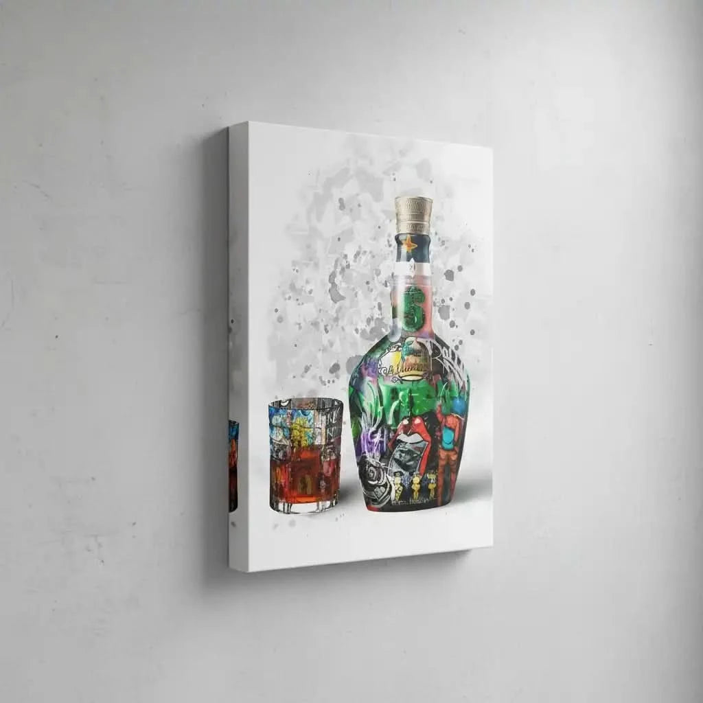 Street art vibrant avec bouteille et verre, couleurs éclatantes, énergie urbaine pour salon moderne ou bureau créatif.