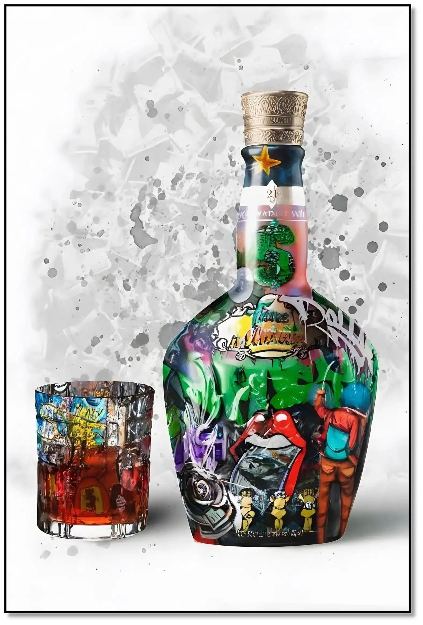 Street art vibrant avec bouteille et verre, couleurs éclatantes, énergie urbaine pour salon moderne ou bureau créatif.