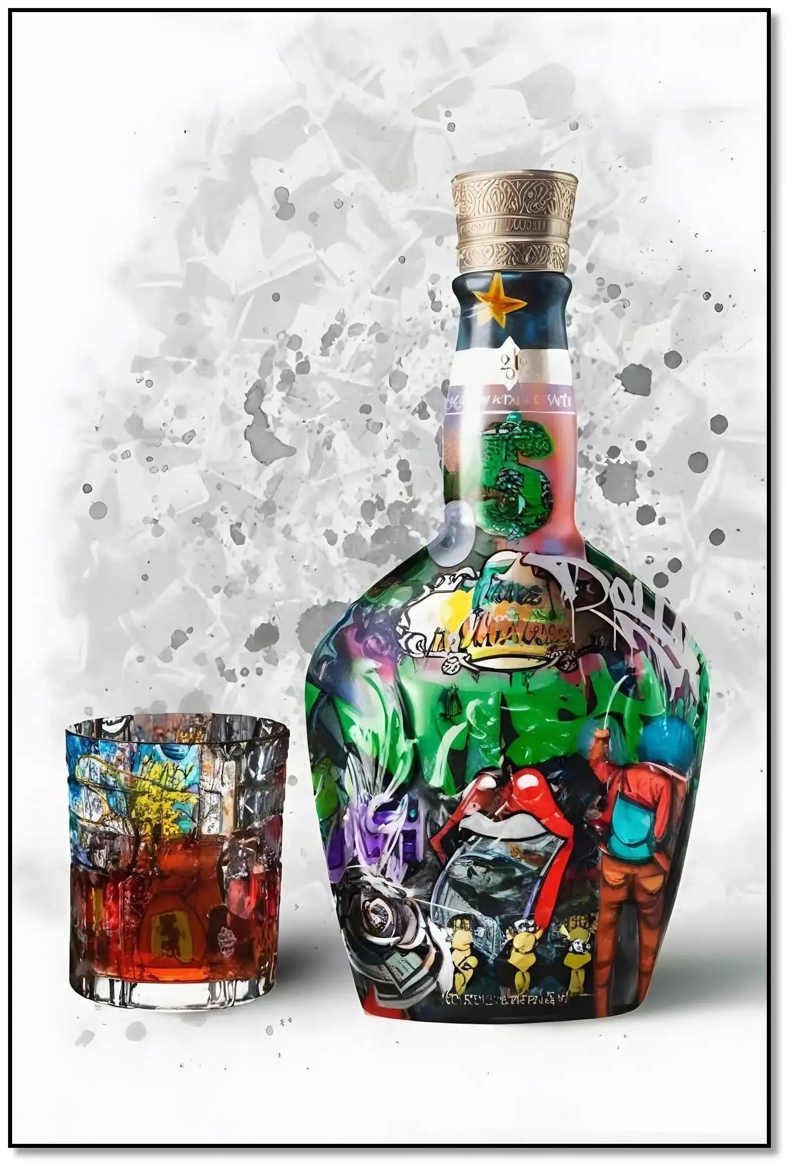 Street art vibrant avec bouteille et verre, couleurs éclatantes, énergie urbaine pour salon moderne ou bureau créatif.