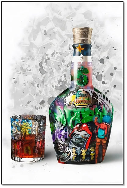 Street art vibrant avec bouteille et verre, couleurs éclatantes, énergie urbaine pour salon moderne ou bureau créatif.
