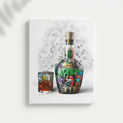 Street art vibrant avec bouteille et verre, couleurs éclatantes, énergie urbaine pour salon moderne ou bureau créatif.