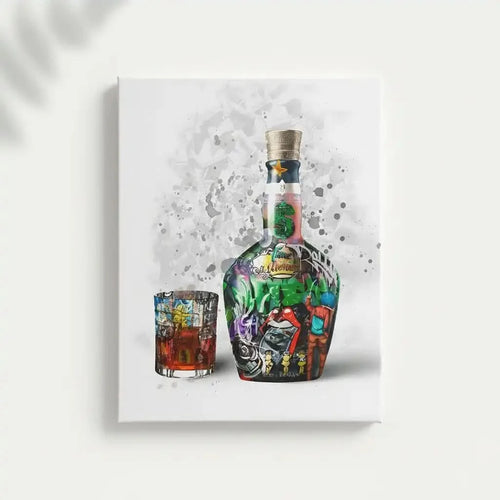 Street art vibrant avec bouteille et verre, couleurs éclatantes, énergie urbaine pour salon moderne ou bureau créatif.