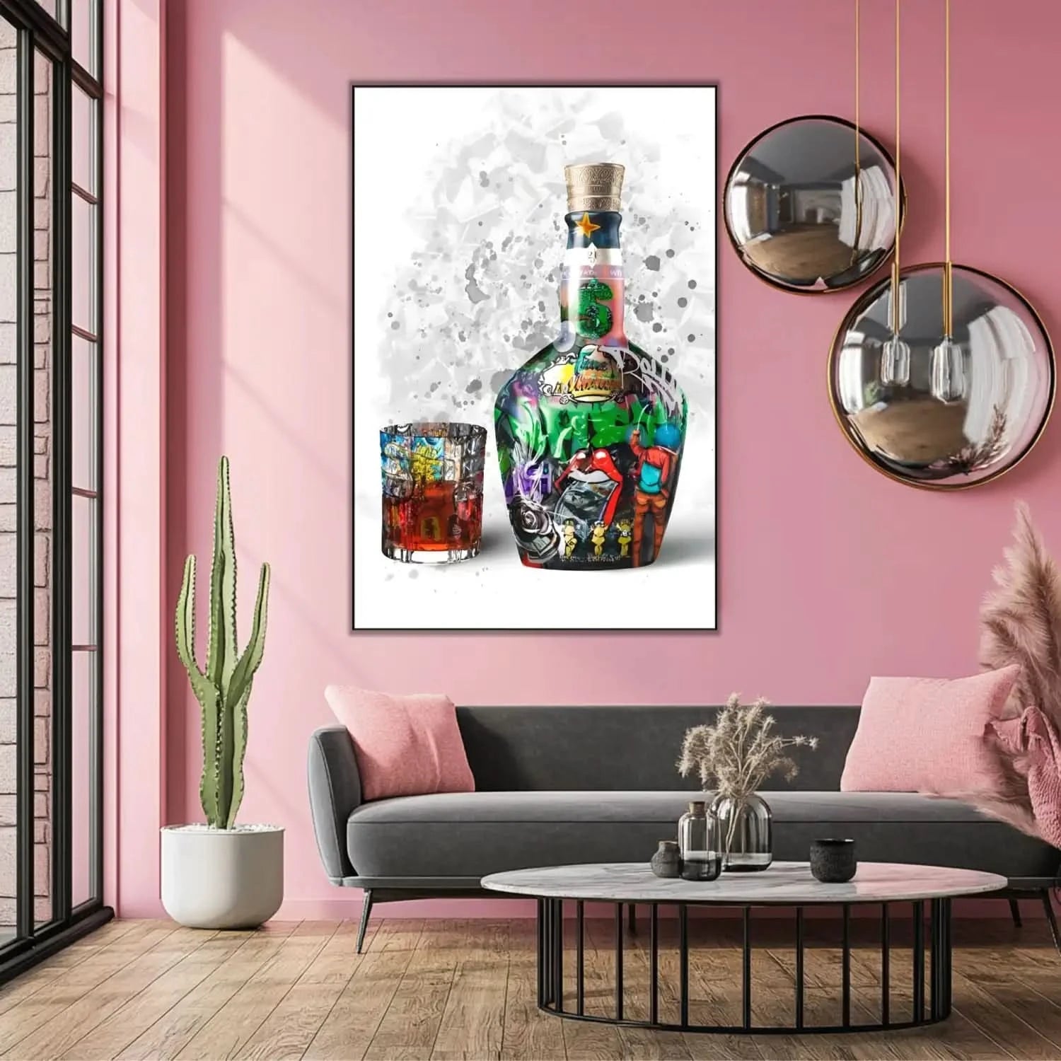Street art vibrant avec bouteille et verre, couleurs éclatantes, énergie urbaine pour salon moderne ou bureau créatif.