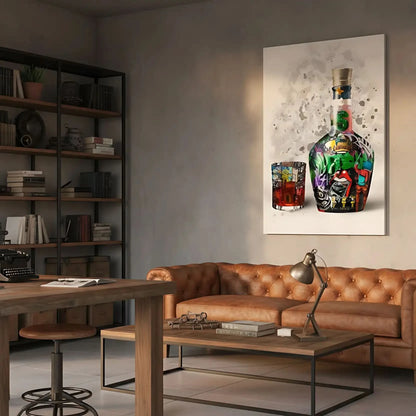 Street art vibrant avec bouteille et verre, couleurs éclatantes, énergie urbaine pour salon moderne ou bureau créatif.