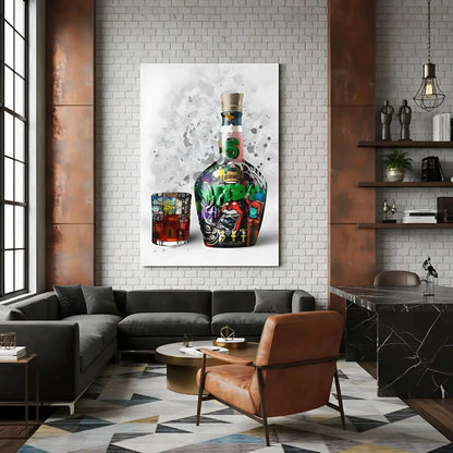 Street art vibrant avec bouteille et verre, couleurs éclatantes, énergie urbaine pour salon moderne ou bureau créatif.