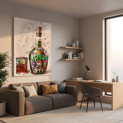 Street art vibrant avec bouteille et verre, couleurs éclatantes, énergie urbaine pour salon moderne ou bureau créatif.