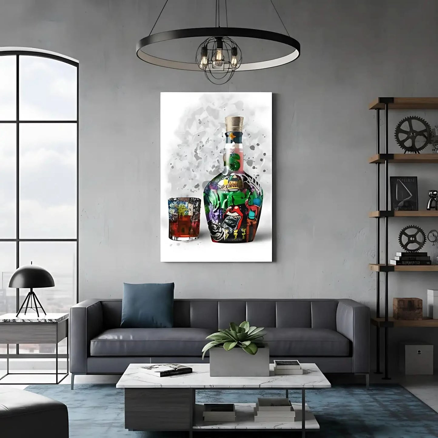 Street art vibrant avec bouteille et verre, couleurs éclatantes, énergie urbaine pour salon moderne ou bureau créatif.