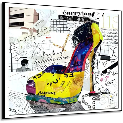 Collage pop art avec chaussure à talon, couleurs éclatantes, motifs urbains, idéal pour salon moderne ou bureau créatif.