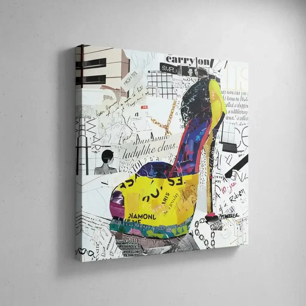 Collage pop art avec chaussure à talon, couleurs éclatantes, motifs urbains, idéal pour salon moderne ou bureau créatif.