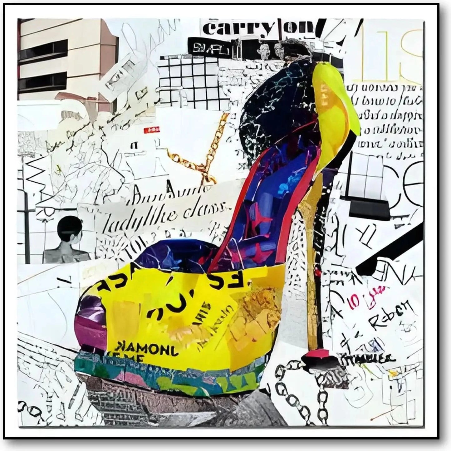 Collage pop art avec chaussure à talon, couleurs éclatantes, motifs urbains, idéal pour salon moderne ou bureau créatif.