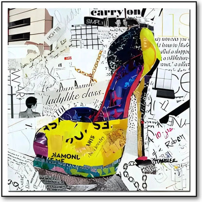 Collage pop art avec chaussure à talon, couleurs éclatantes, motifs urbains, idéal pour salon moderne ou bureau créatif.