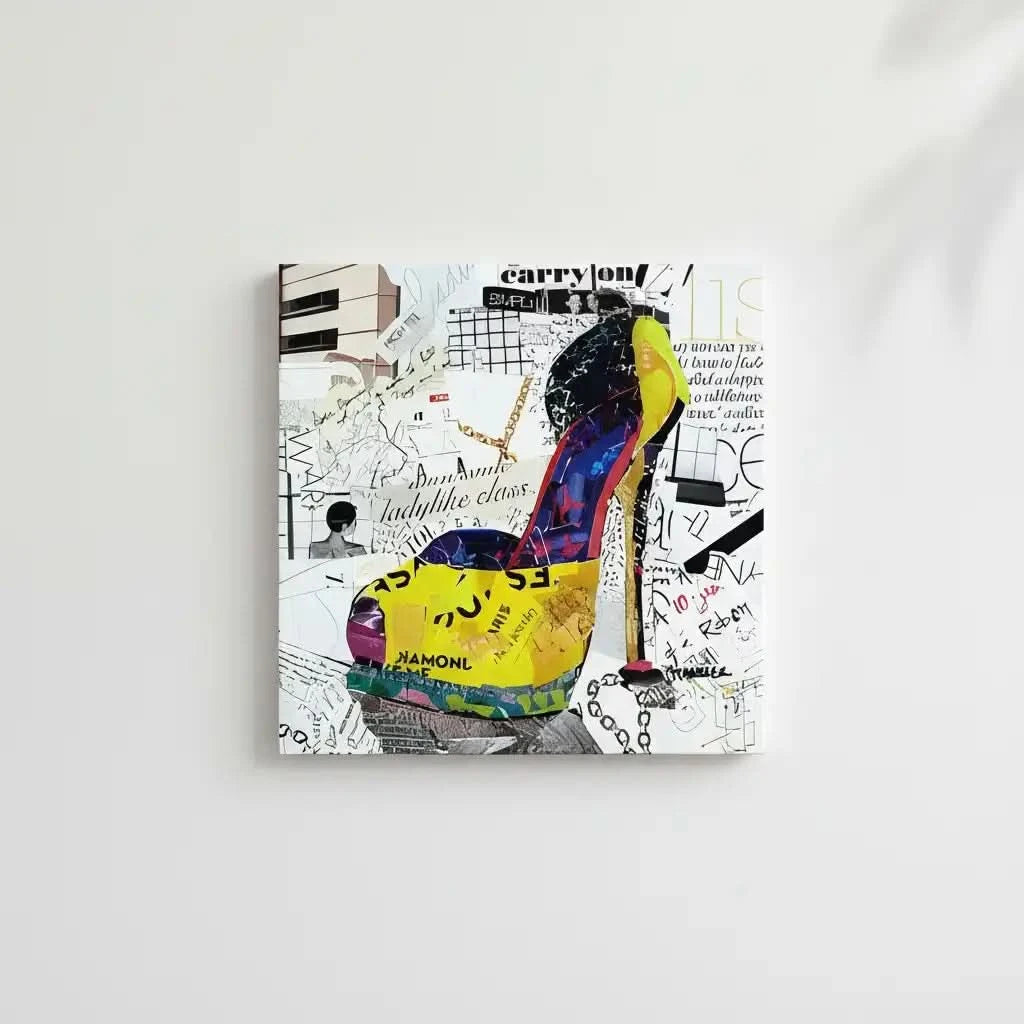 Collage pop art avec chaussure à talon, couleurs éclatantes, motifs urbains, idéal pour salon moderne ou bureau créatif.