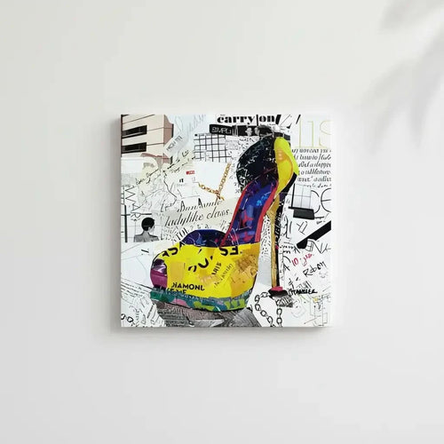 Collage pop art avec chaussure à talon, couleurs éclatantes, motifs urbains, idéal pour salon moderne ou bureau créatif.
