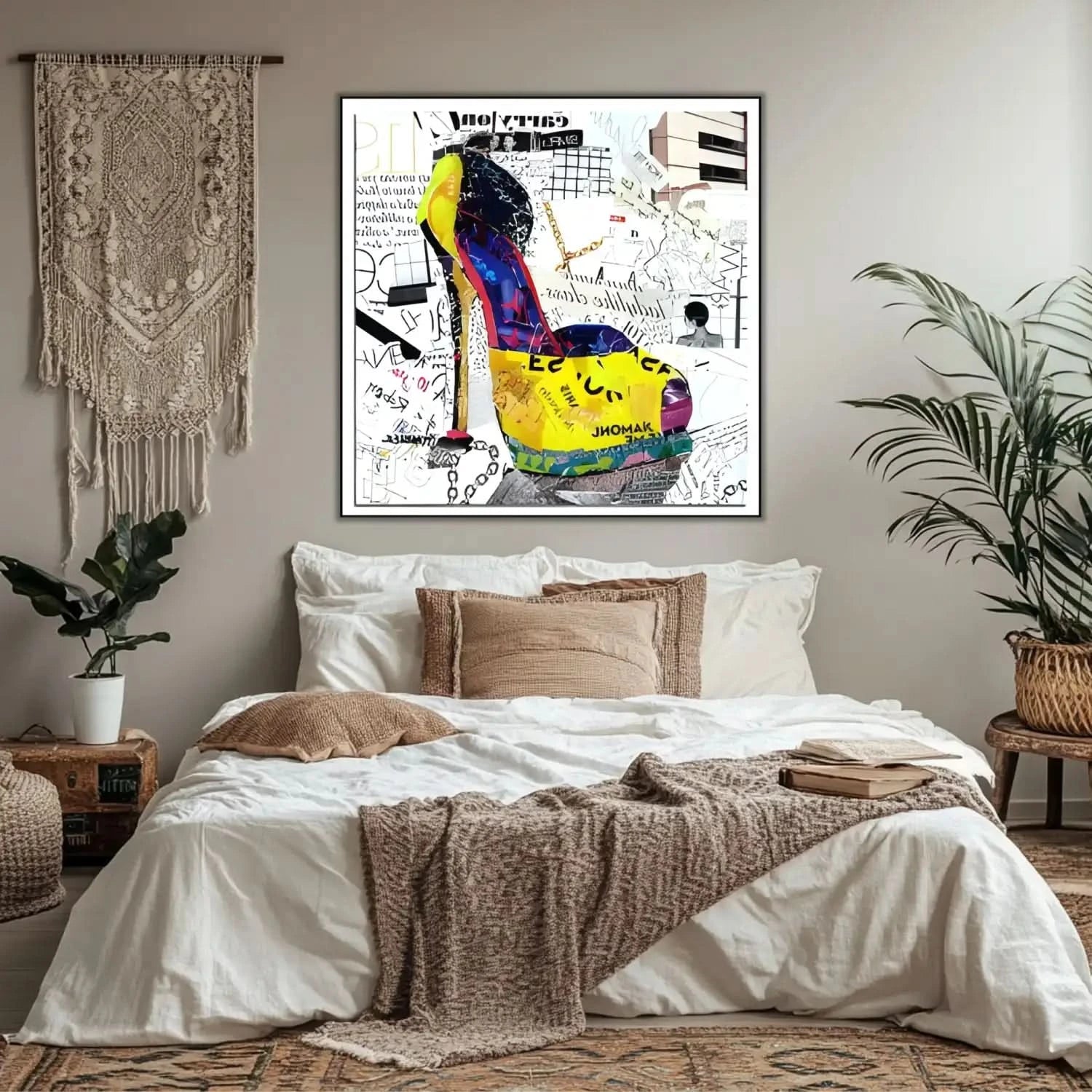 Collage pop art avec chaussure à talon, couleurs éclatantes, motifs urbains, idéal pour salon moderne ou bureau créatif.