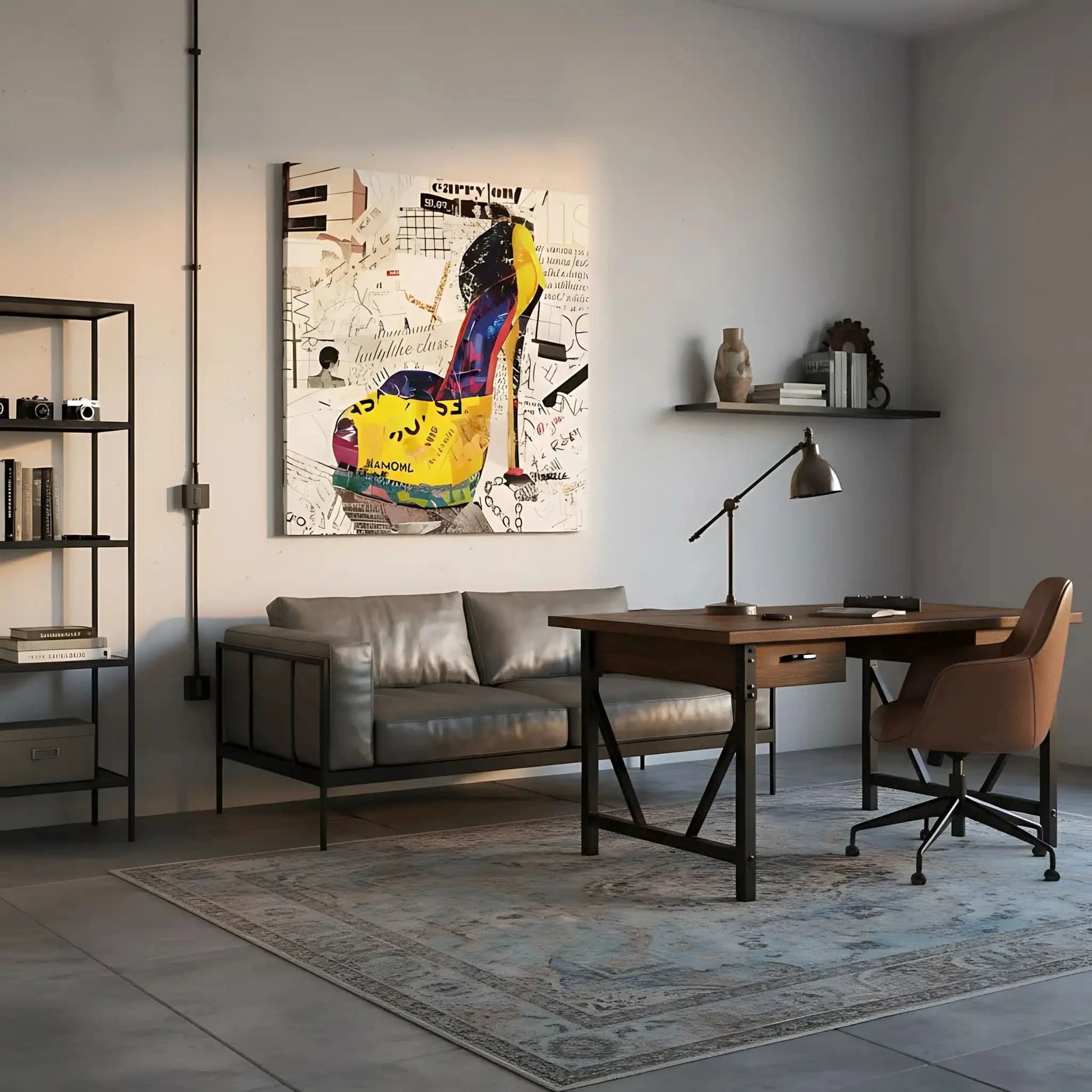 Collage pop art avec chaussure à talon, couleurs éclatantes, motifs urbains, idéal pour salon moderne ou bureau créatif.