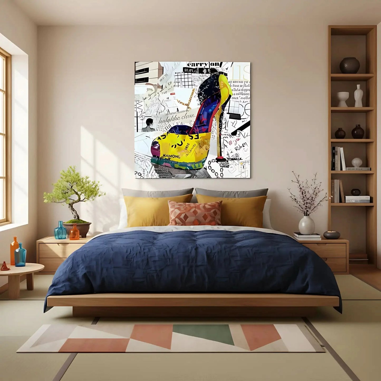 Collage pop art avec chaussure à talon, couleurs éclatantes, motifs urbains, idéal pour salon moderne ou bureau créatif.