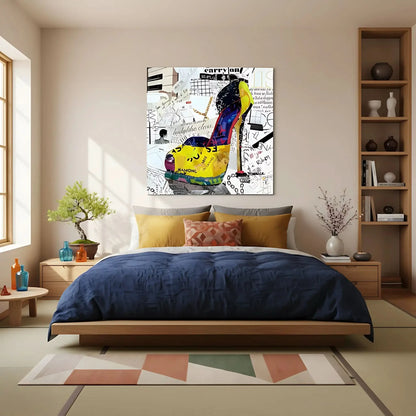 Collage pop art avec chaussure à talon, couleurs éclatantes, motifs urbains, idéal pour salon moderne ou bureau créatif.