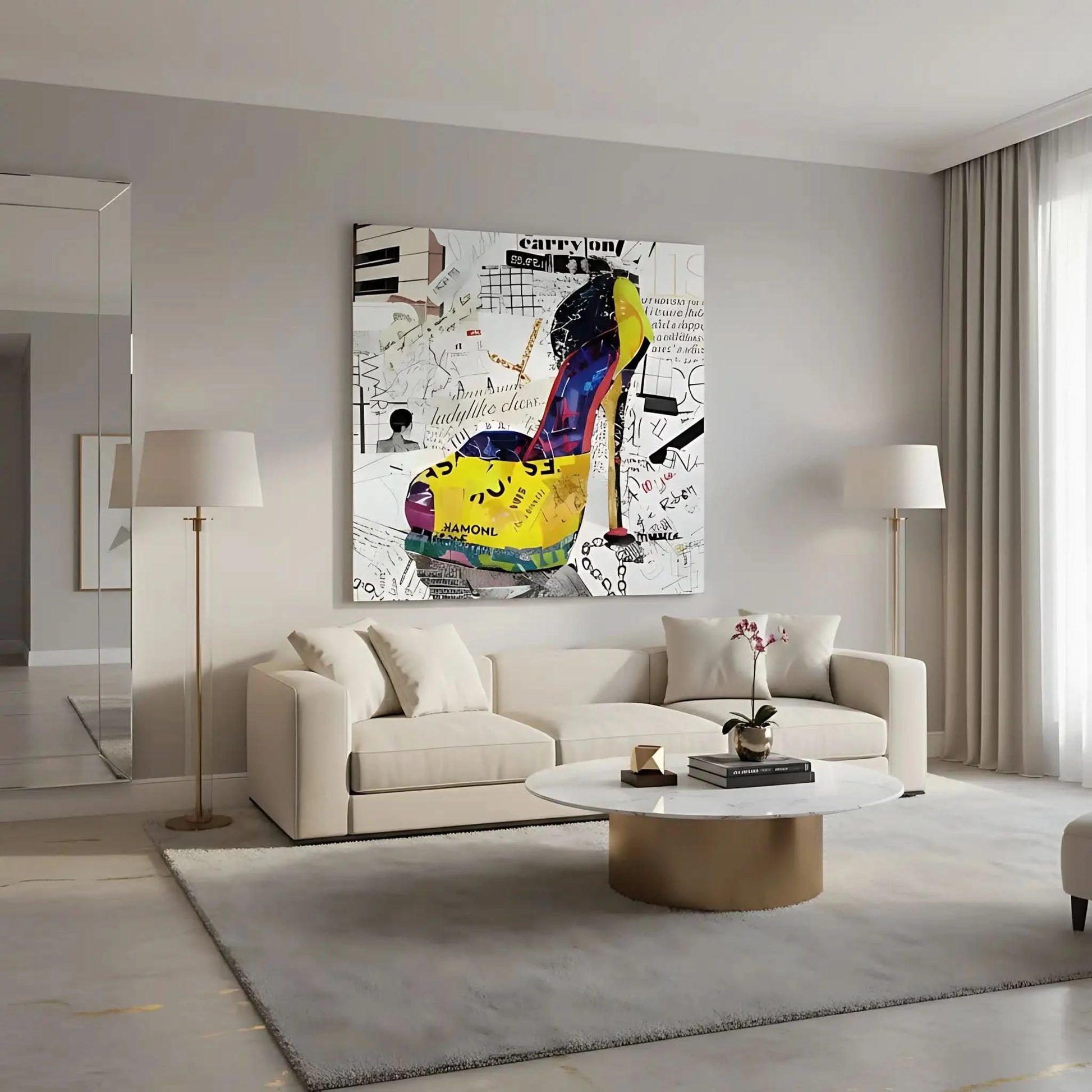 Collage pop art avec chaussure à talon, couleurs éclatantes, motifs urbains, idéal pour salon moderne ou bureau créatif.
