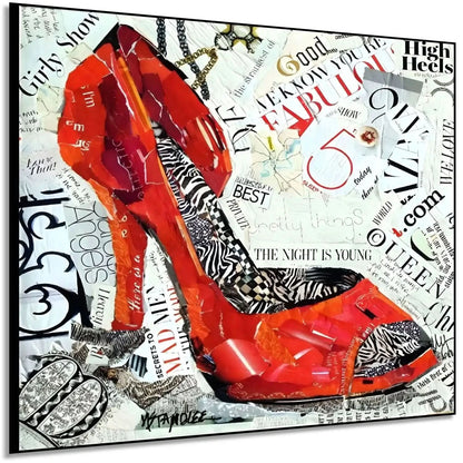 Collage vibrant de talons hauts rouges avec motifs zébrés et textes audacieux, ambiance urbaine et moderne pour salon ou bure