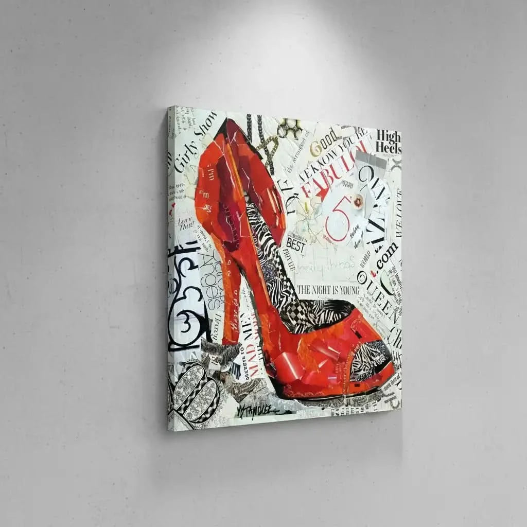 Collage vibrant de talons hauts rouges avec motifs zébrés et textes audacieux, ambiance urbaine et moderne pour salon ou bure