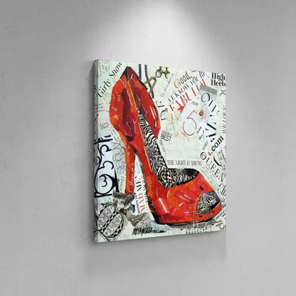 Collage vibrant de talons hauts rouges avec motifs zébrés et textes audacieux, ambiance urbaine et moderne pour salon ou bure