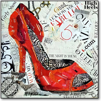 Collage vibrant de talons hauts rouges avec motifs zébrés et textes audacieux, ambiance urbaine et moderne pour salon ou bure