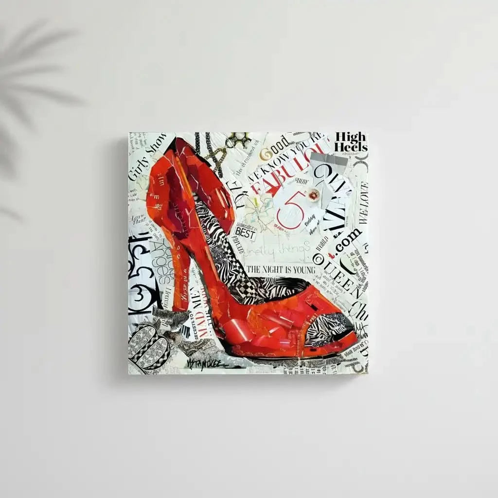 Collage vibrant de talons hauts rouges avec motifs zébrés et textes audacieux, ambiance urbaine et moderne pour salon ou bure