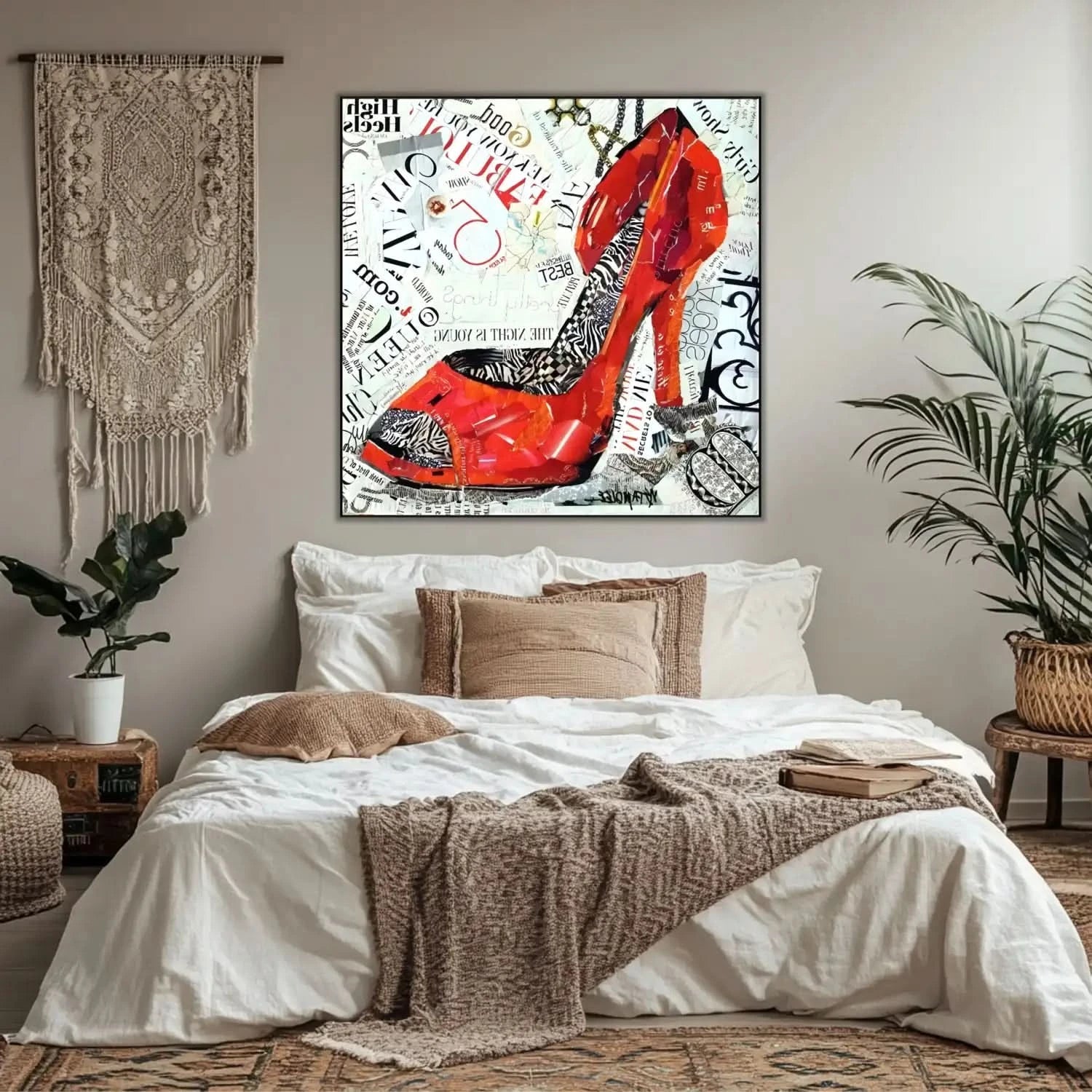 Collage vibrant de talons hauts rouges avec motifs zébrés et textes audacieux, ambiance urbaine et moderne pour salon ou bure