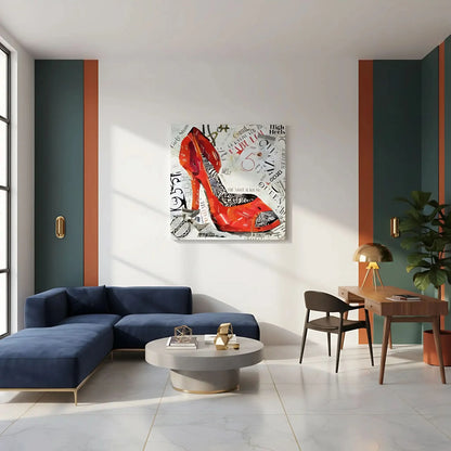 Collage vibrant de talons hauts rouges avec motifs zébrés et textes audacieux, ambiance urbaine et moderne pour salon ou bure