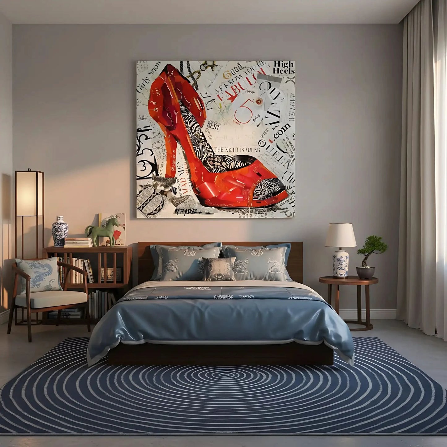 Collage vibrant de talons hauts rouges avec motifs zébrés et textes audacieux, ambiance urbaine et moderne pour salon ou bure