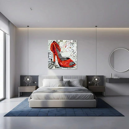 Collage vibrant de talons hauts rouges avec motifs zébrés et textes audacieux, ambiance urbaine et moderne pour salon ou bure