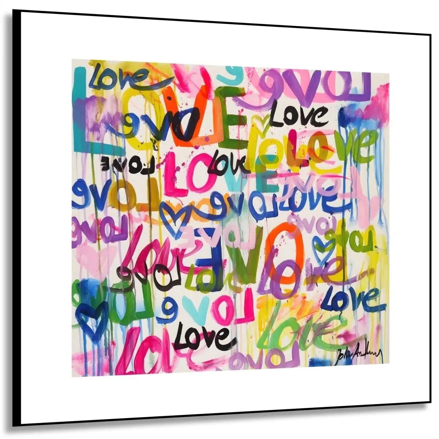 Œuvre Pop Art avec mots 'Love' multicolores, ambiance joyeuse et dynamique pour salon moderne ou chambre d'adolescent.